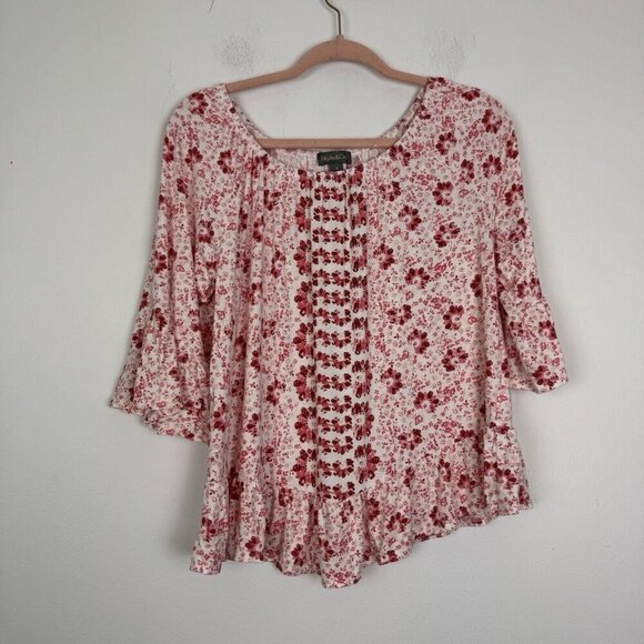 Style & Co Women’s Printed On Off Ruffle Sleeve Top Pink Floral Size Medium - Picture 1 of 5